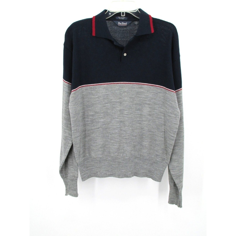 Par Four Sportswear Vintage Men Blue Gray Colorblock Polo Sweater Large